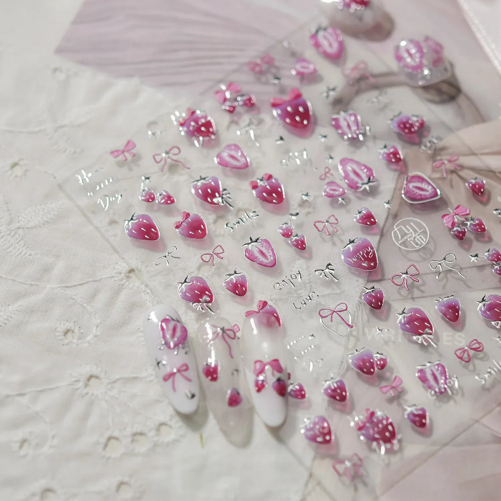 Pink Juicy Strawberry Fruit Cutting Line Ribbon Bowknot Star Happy Sweet Lovely Fruits Delicate Nail Art Stickers Manicure Decal (ONLINE ORDER ONLY)