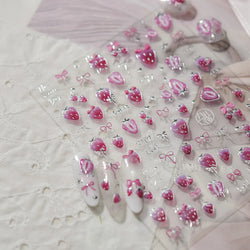 Cute Pink Tempting Strawberries Attractive Fruit Cutting Line Bowknot Star Silver Stamping Chic Nail Art Stickers Manicure Decal (ONLINE ORDER ONLY)