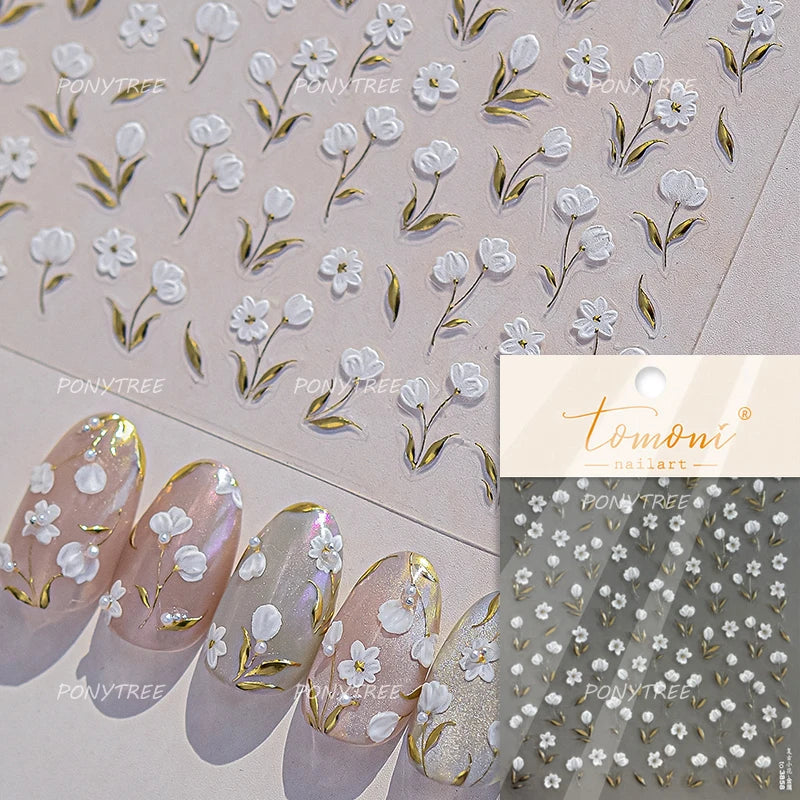 White Flower Colourful Butterfly Pearl Petal Beautiful Garden Charming Plant 5D Self Adhesive Nail Art Stickers Manicure Decals (ONLINE ORDER ONLY)