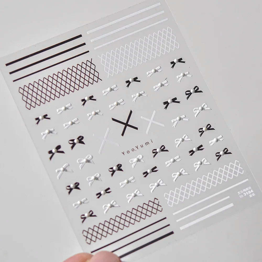 French Style Geometric Black White Square Grid Rhombus Stripe 3D Self Adhesive Nail Art Stickers Shiny Rhinestone Manicure Decal (ONLINE ORDER ONLY)