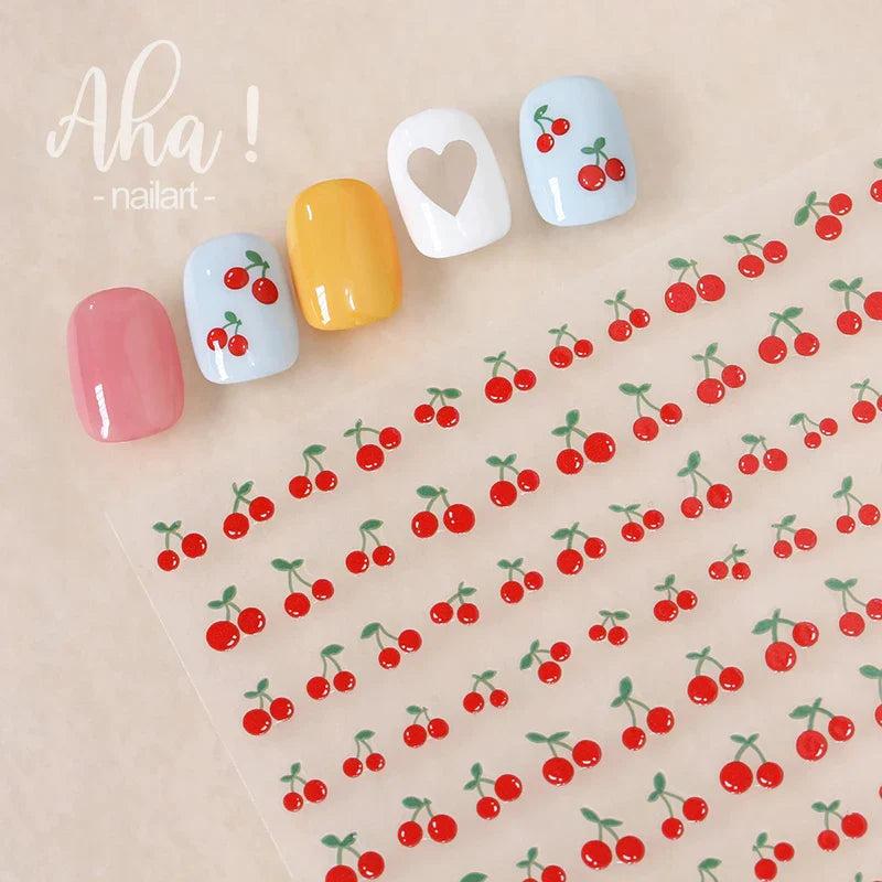 1Pc Sweet Cute Fresh Red Cherry Pattern Nail Stickers Self Adhesive Fruit Design Decals Women & Girls Homemade Manicure Supplies (ONLINE ORDER ONLY)
