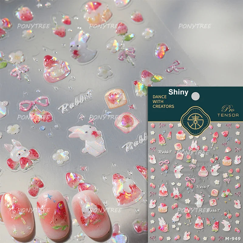 Cute Pink Tempting Strawberries Attractive Fruit Cutting Line Bowknot Star Silver Stamping Chic Nail Art Stickers Manicure Decal (ONLINE ORDER ONLY)