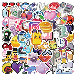 64pcs Cute Pink Pixel Cartoon Stickers for Bike, Luggage, Laptop - Waterproof, DIY, Kid Toy (Online Order Only)