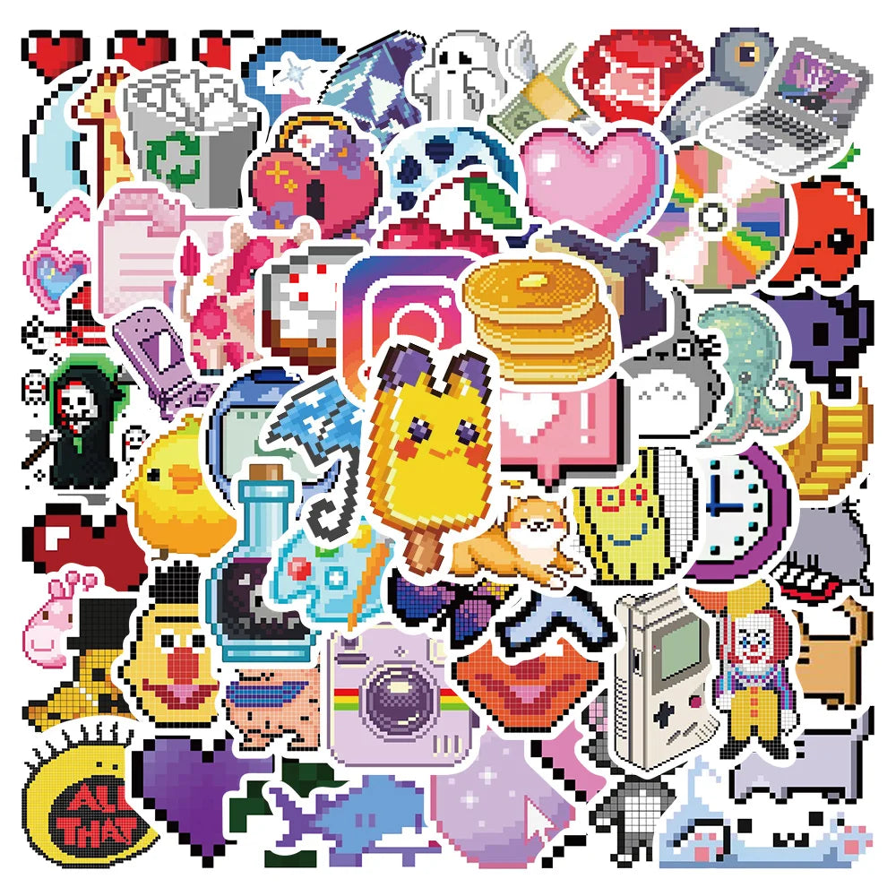 64pcs Cute Pink Pixel Cartoon Stickers for Bike, Luggage, Laptop - Waterproof, DIY, Kid Toy (Online Order Only)