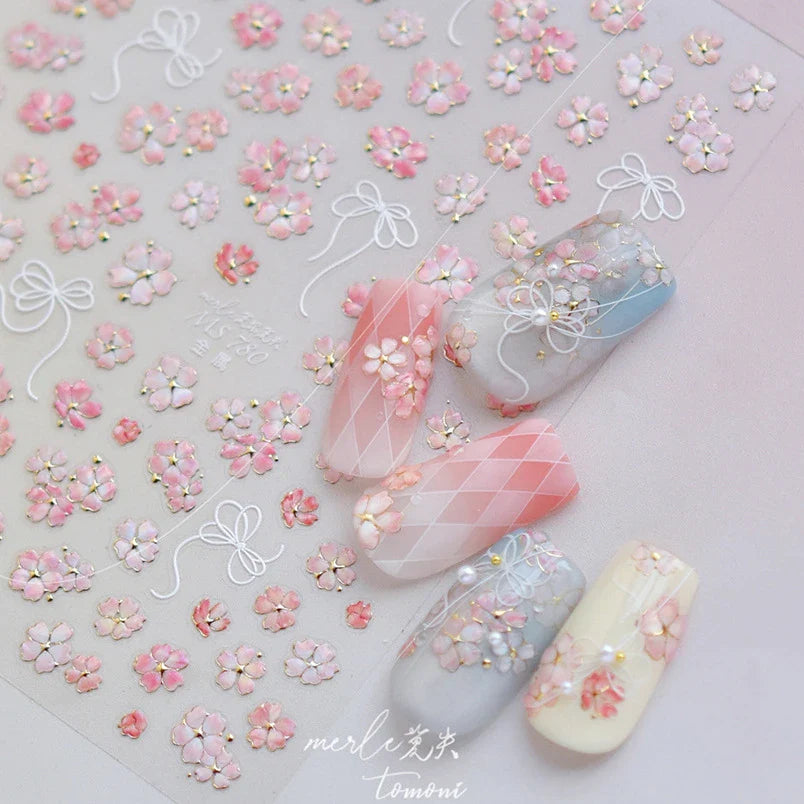 Peach Blossom Gradual Pink Petal Flower Line Bowknot Hot Stamping Halo Dyeing Delicate Adhesive Nail Art Sticker Manicure Decals (ONLINE ORDER ONLY)
