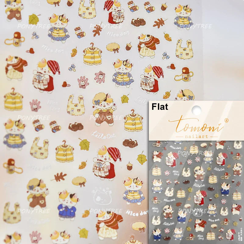 Cream Wind Cat Rabbit Kitten Bunny Bowknot Flower Butterfly Cake Cherry Tulip 5D Self Adhesive Nail Art Stickers Manicure Decals (Online Order Only)