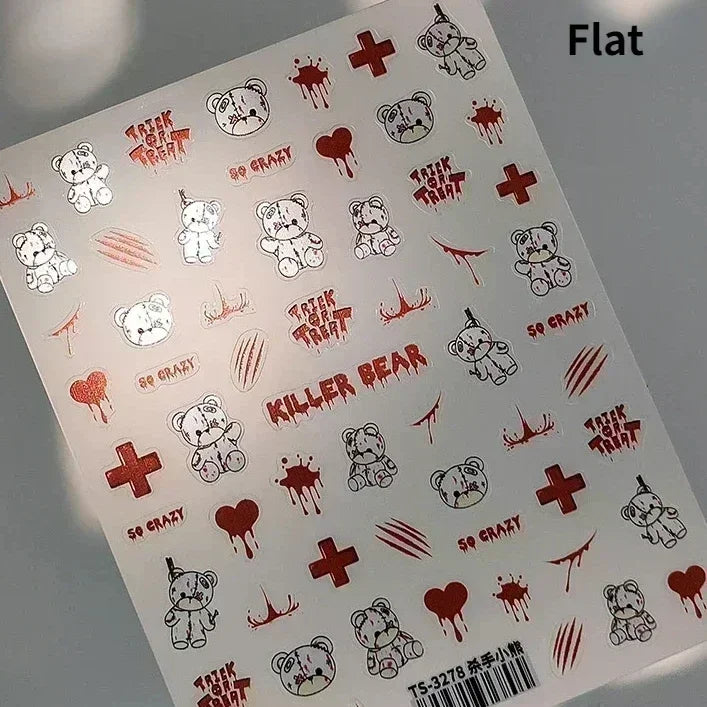 Cat Eye Halloween Terror Spider Cross Rose Love Heart Flower Snake Web Candy Bunny Thrilling Nail Art Stickers Manicure Decals (Online Order Only)