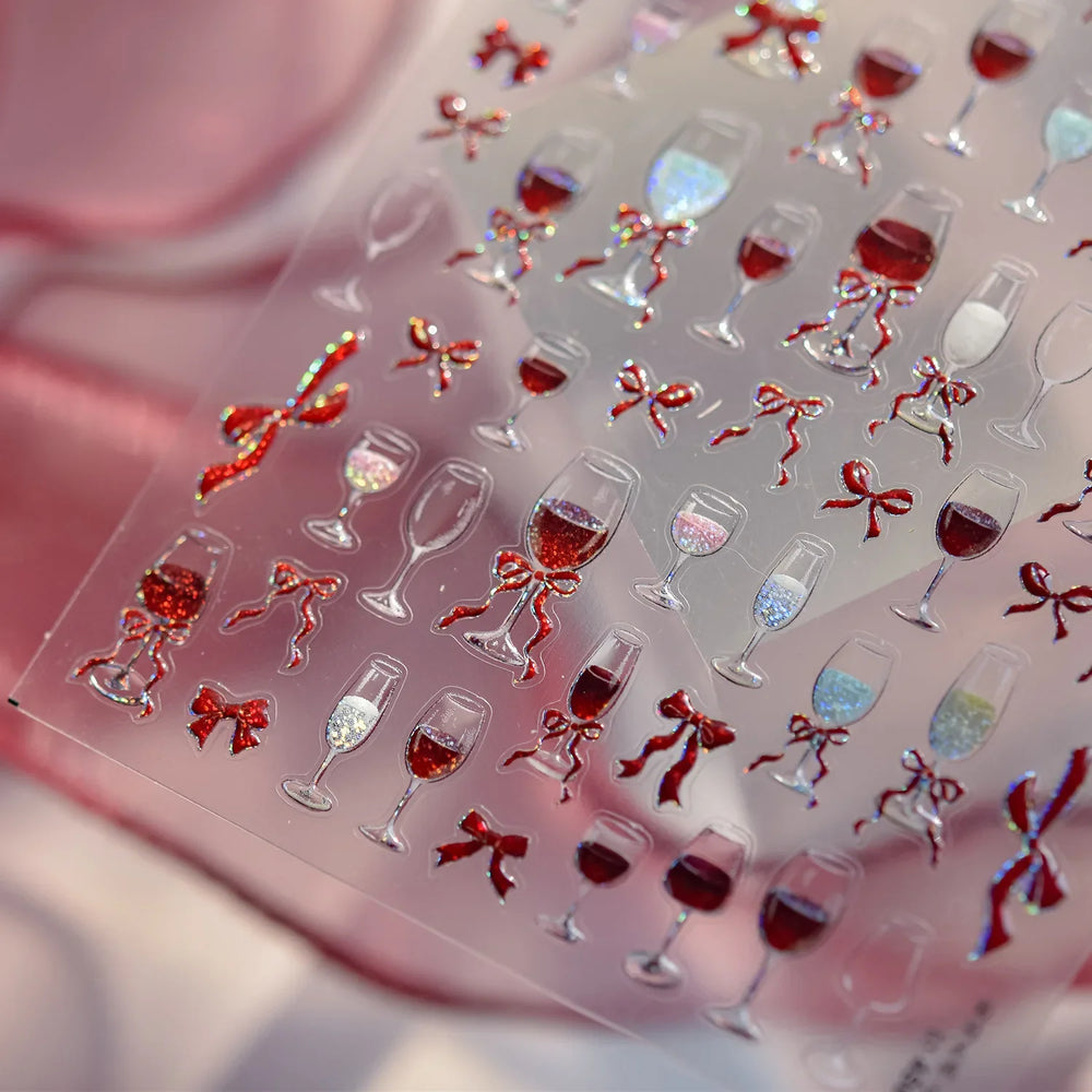 Sexy Red Grape Wine Bowknot Cocktail Goblet Cup Soda Liquid Shiny Sparkling Self Adhesive Nail Art Stickers 3D Manicure Decals (ONLINE ORDER ONLY)
