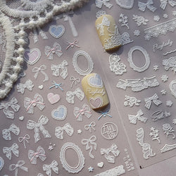 Retro Lace Gird Bowknot Love Heart Flower Leaves Fabric Art Photo Frame Embossed Self Adhesive Nail Art Stickers Manicure Decals (ONLINE ORDER ONLY)