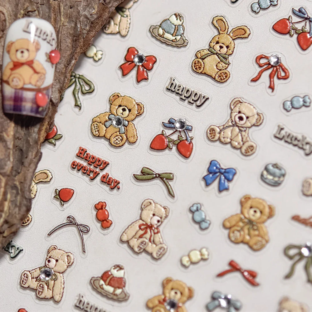 Charm Retro Bear Candy Cake Bowknot Rabbit Bunny Strawberry Footprint Muffin 3D Adhesive Nail Art Stickers Chic Manicure Decals (ONLINE ORDER ONLY)