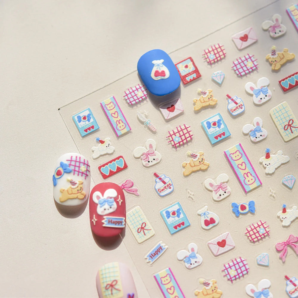Graffiti Rabbit Dog Bunny Milk Strawberry Jewel Candy Knife Envelope Soft Relief Adhesive Nail Art Stickers Cute Manicure Decals (Online Order Only)