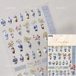 Orchid Daisy Chrysanthemum Peach Blossom Lotus Flower Vase Floral Art Fan Wintersweet Adhesive Nail Art Stickers Manicure Decals (Online Order Only)