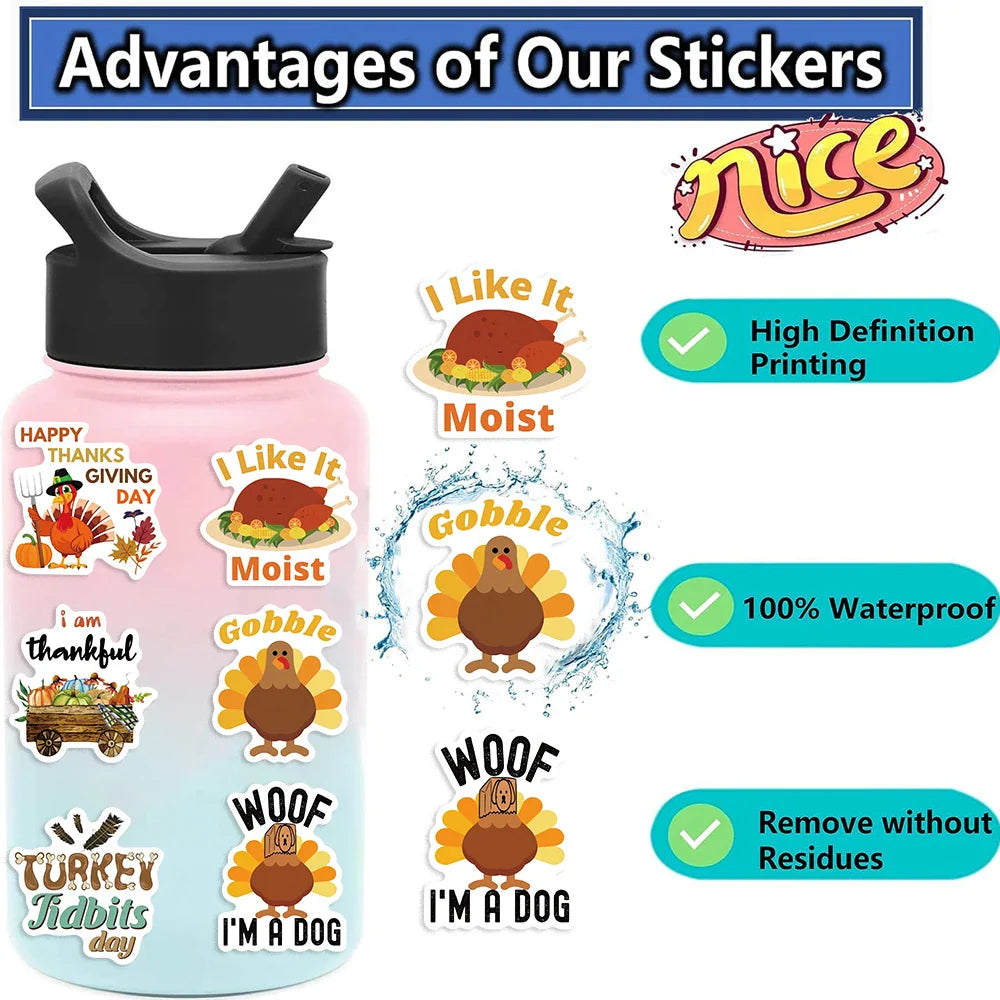 50pcs Cartoon Thanksgiving Day Sticker Funny Pumpkin Turkey Autumn Maple Leaf Graffiti Decals DIY Laptop Luggage Skateboard (Online Order Only)