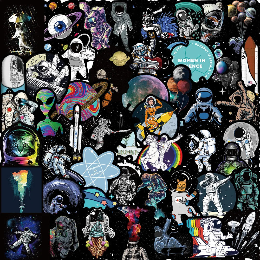Black Edge Astronaut Cartoon Stickers 10/30/50pcs Waterproof for Laptop Guitar Cup Decor (ONLINE ORDER ONLY)