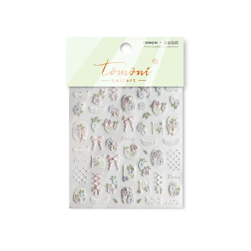 Rose Flower Bouquet Leaves Lace Bowknot Pearl Photo Frame Gird Embossed Reliefs Self Adhesive Nail Art Stickers Manicure Decals (ONLINE ORDER ONLY)