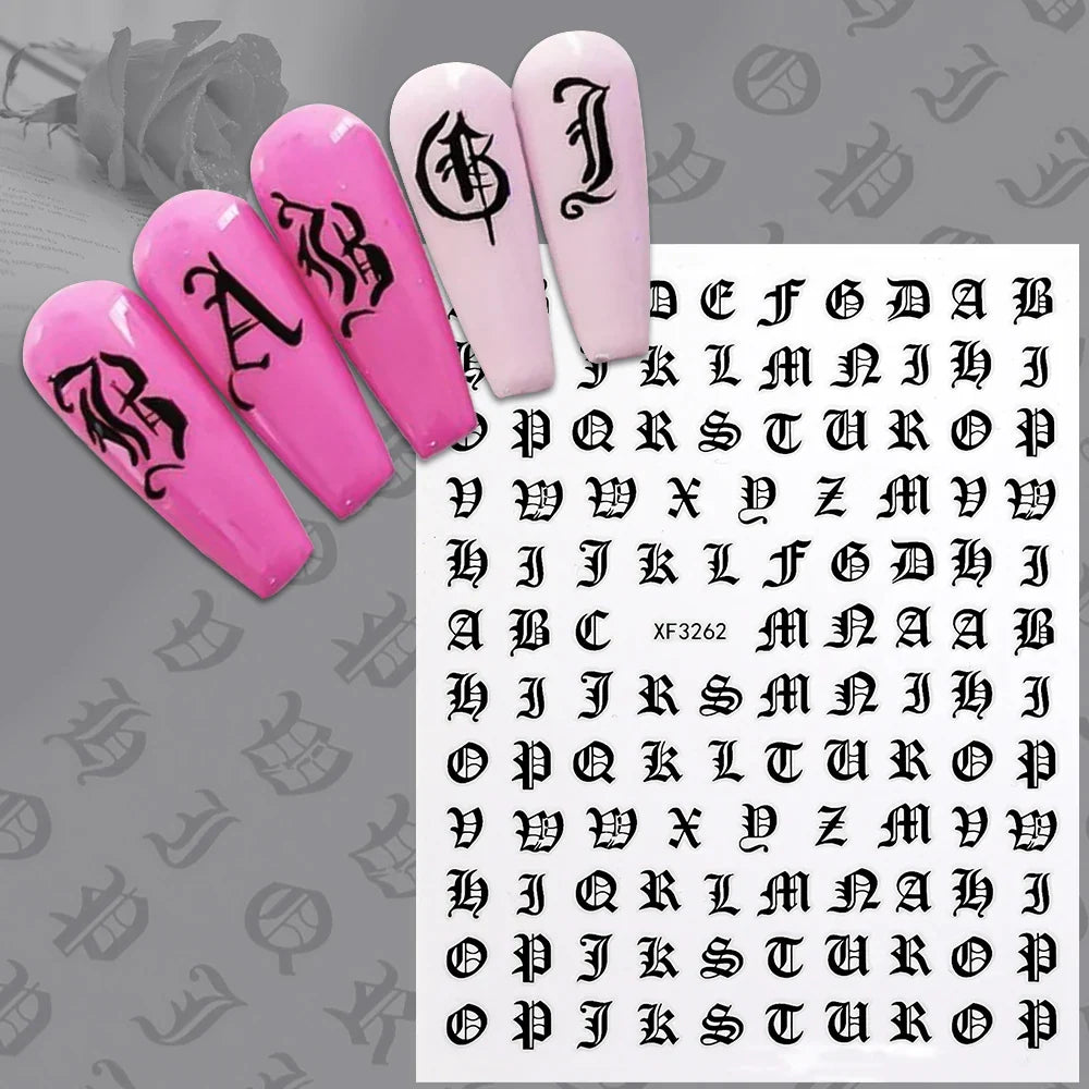 8pcs Gothic Alphabet Design Nail Art Stickers Retro English Letter Nail Art Stickers 3D Self-Adhesive Designs Nail Art Supplies* (Online Order Only)