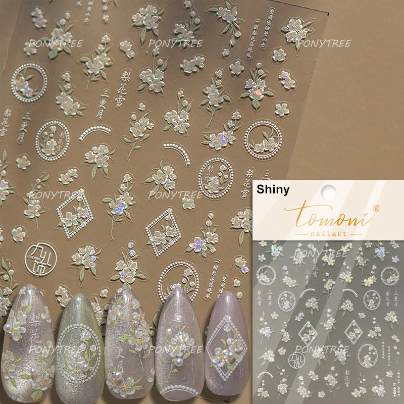 Pink Peach Blossom Flower White Pear Romantic Archaistic Swallow Window Adhesive Nail Art Stickers Rhinestone Manicure Decals (ONLINE ORDER ONLY)