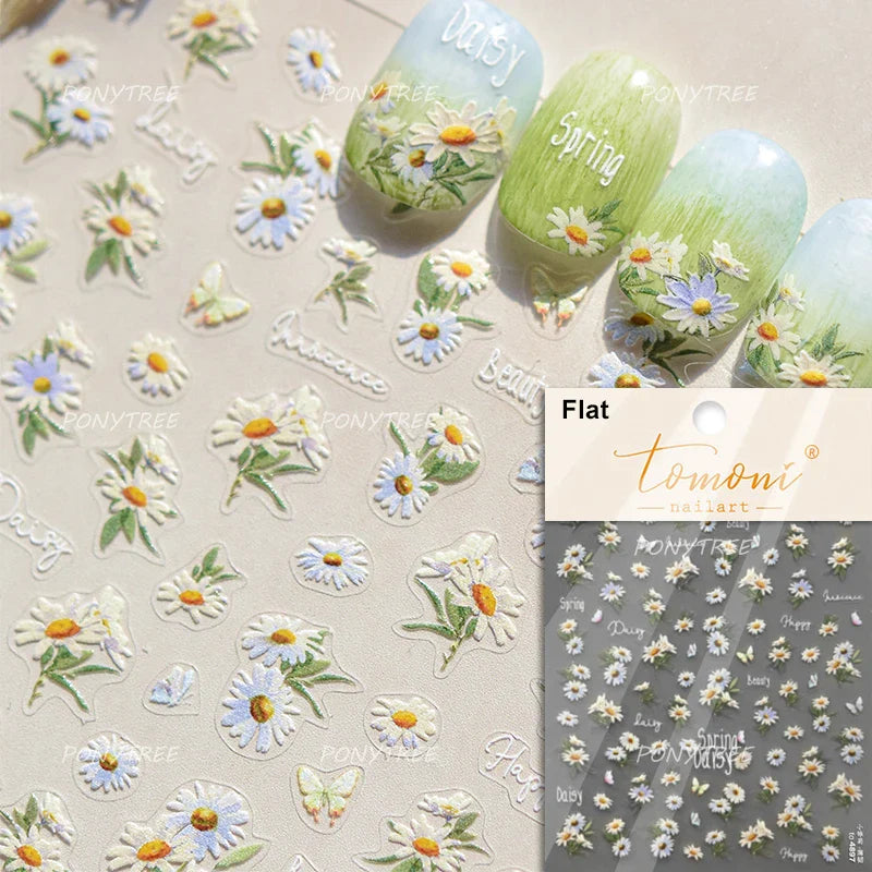 Embossed Shiny Vigor Sunflower Turnsole Vitality Butterfly Daisy Oil Painting Plant 5D Adhesive Nail Art Sticker Manicure Decals (ONLINE ORDER ONLY)
