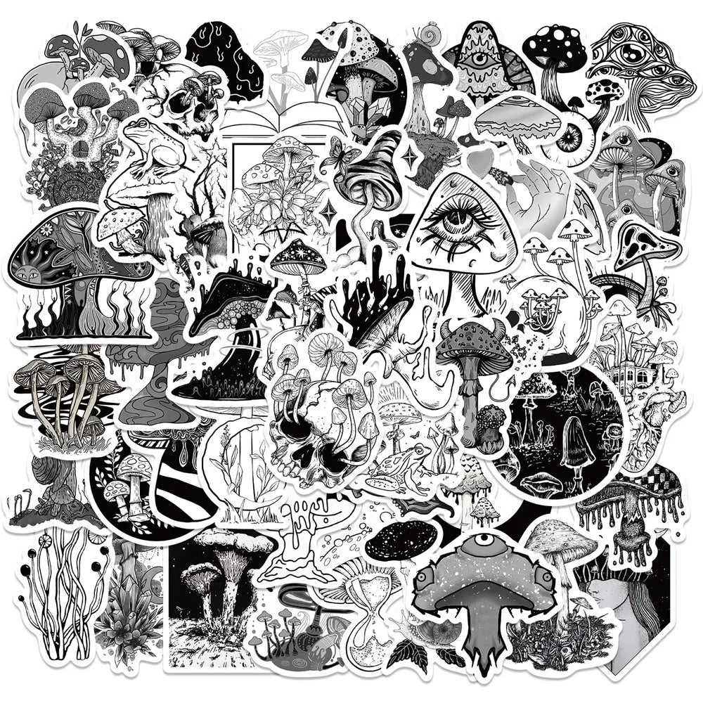 10/50pcs Funny Anime Psychedelic Mushroom Sticker Cute Black and White Magic Plant Stickers Phone Laptop Stickers Decals (ONLINE ORDER ONLY)