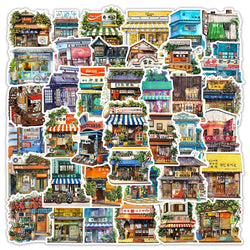 Retro Shop Landscape Stickers - Cute Cartoon Decals for Car, Laptop, Phone, Luggage, Wall, Kid Toy (10/30/50PCS) (ONLINE ORDER ONLY)