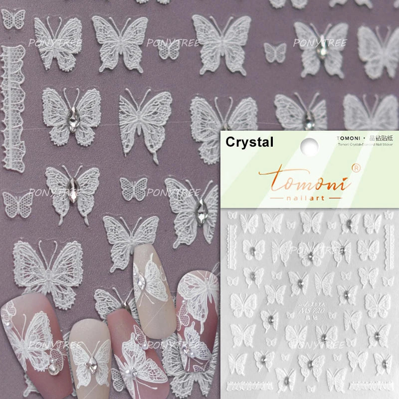 Butterfly Flower Hollow Out Lace Delicate Floral Print Shiny Cloth Block Insect Self Adhesive Nail Art Stickers Manicure Decals (Online Order Only)