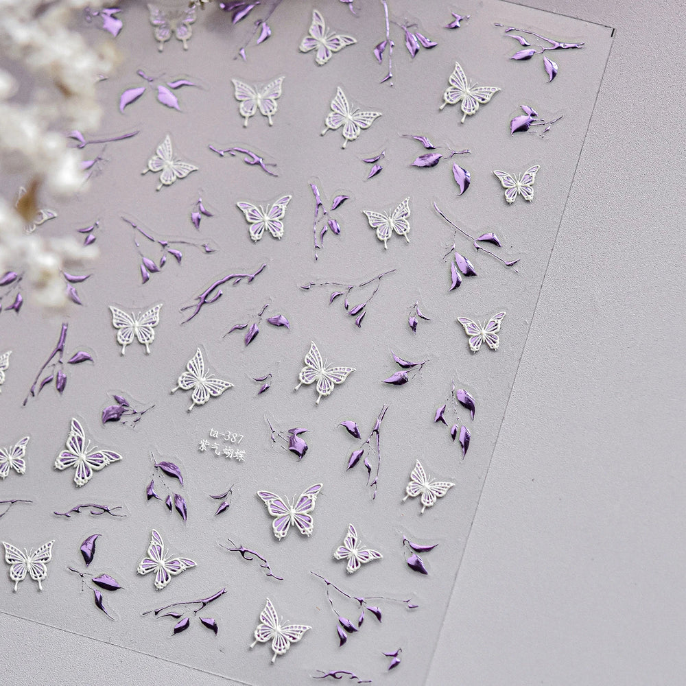Hot Stamping Purple Line Love Heart Lace Bowknot Chain Branches Star Flower Leaf Butterfly Plant Flower Nail Art Stickers Decals (Online Order Only)