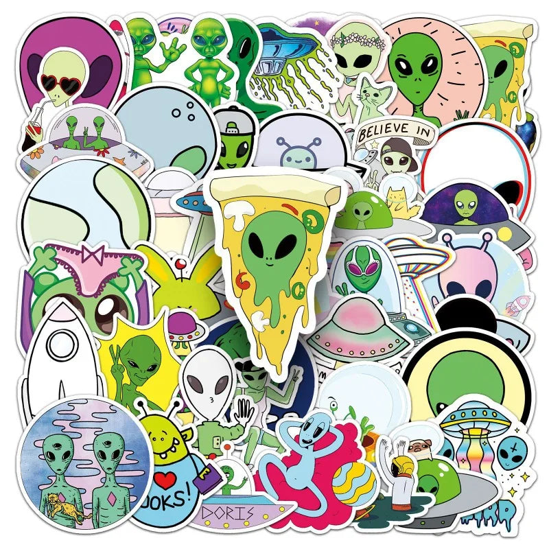 50pcs Alien Cartoon Stickers for Laptop, Phone, Car, Scooter, Water Bottle, Suitcase, Refrigerator (Online Order Only)