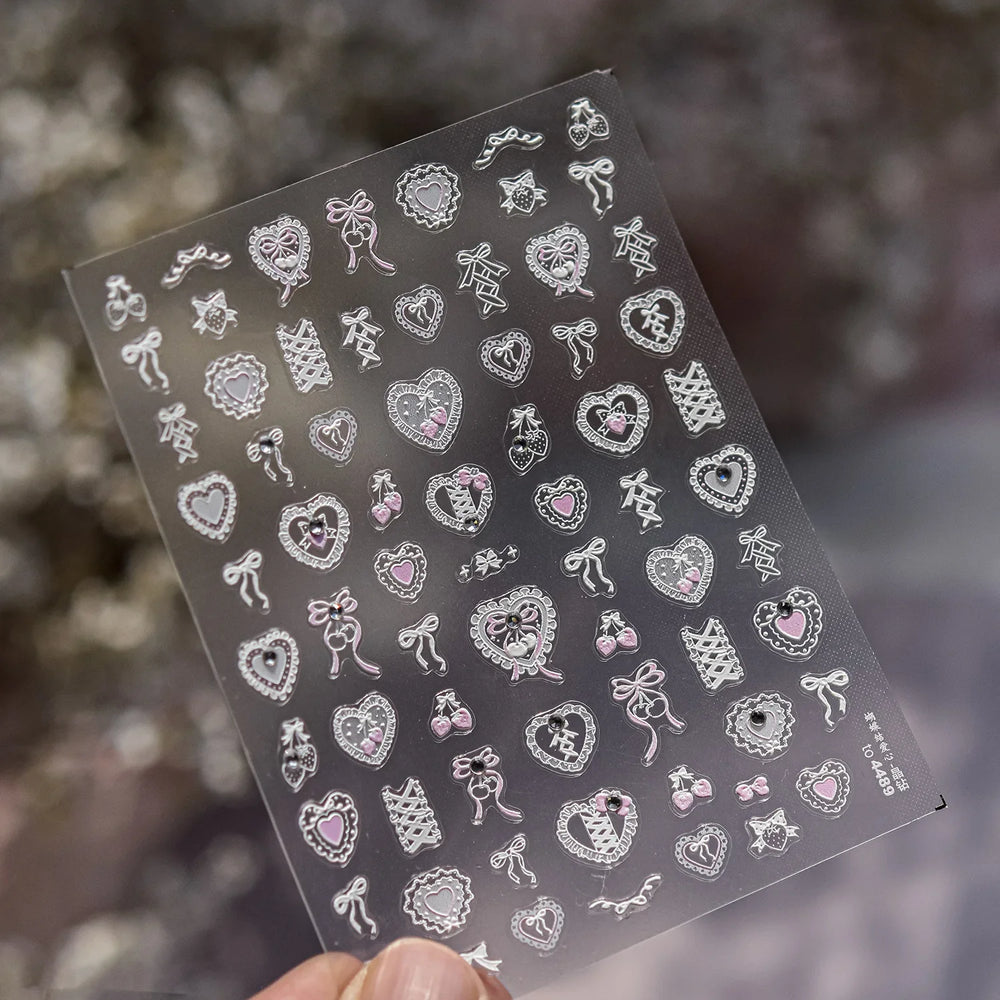 Lovely Heart Strawberry Cherry Bowknot Lace Lolita Crystal Rhinestone Line Rococo Chic Adhesive Nail Art Sticker Manicure Decals (ONLINE ORDER ONLY)