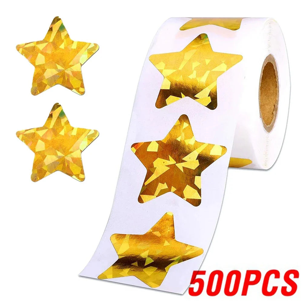 100-500pcs Holographic Golden Star Stickers For Kids Reward Foil Star Stickers Labels For Wall Crafts Classroom Supplies 1inch (ONLINE ORDER ONLY)