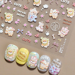 Spring Dog Bear Toy Rose Flower Floral Print Letter Bone Butterfly Cat Puppy Relief Adhesive Nail Art Stickers Manicure Decals (Online Order Only)