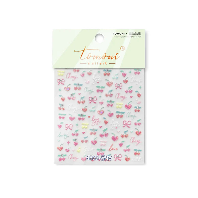 Lovely Pink Red Cherry Fruit Love Heart Star Lucky Letter Bowknot Romantic Adhesive Nail Art Stickers Rhinestone Manicure Decals (Online Order Only)