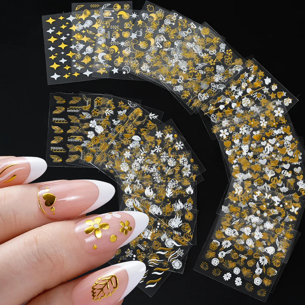 30Pcs Laser Silver/White Flowers Hearts Nail Sticker Star/Moon Mixed Shapes Design Self-adhesive Sticker Acrylic Manicure Access (Online Order Only)