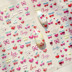 Lovely Pink Red Cherry Fruit Love Heart Star Lucky Letter Bowknot Romantic Adhesive Nail Art Stickers Rhinestone Manicure Decals (Online Order Only)