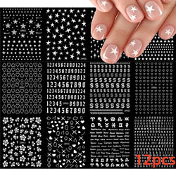 12PCS White Flowers Leaves 3D Nail Stickers Star/Moon/Sun Nail Art Decoration Decals Geometric Flower Stickers Nail Art Supplies (ONLINE ORDER ONLY)