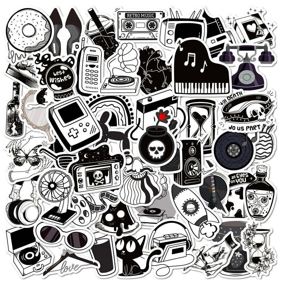 Creative Black & White Graffiti Stickers for Helmet, Wall, DIY Decoration (Online Order Only)