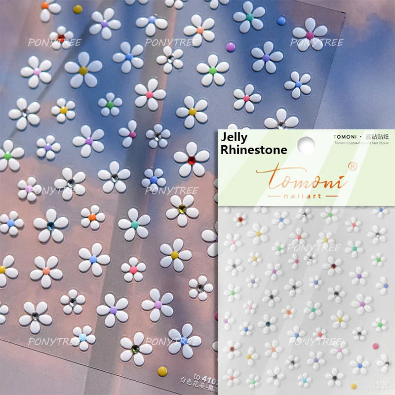 Delicate Chic White Flower Jelly Green Leaves Red Fruits Lily Gardenia Self Adhesive Nail Art Stickers Rhinestone Manicure Decal (Online Order Only)