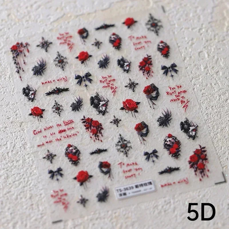 Cat Eye Halloween Terror Spider Cross Rose Love Heart Flower Snake Web Candy Bunny Thrilling Nail Art Stickers Manicure Decals (Online Order Only)