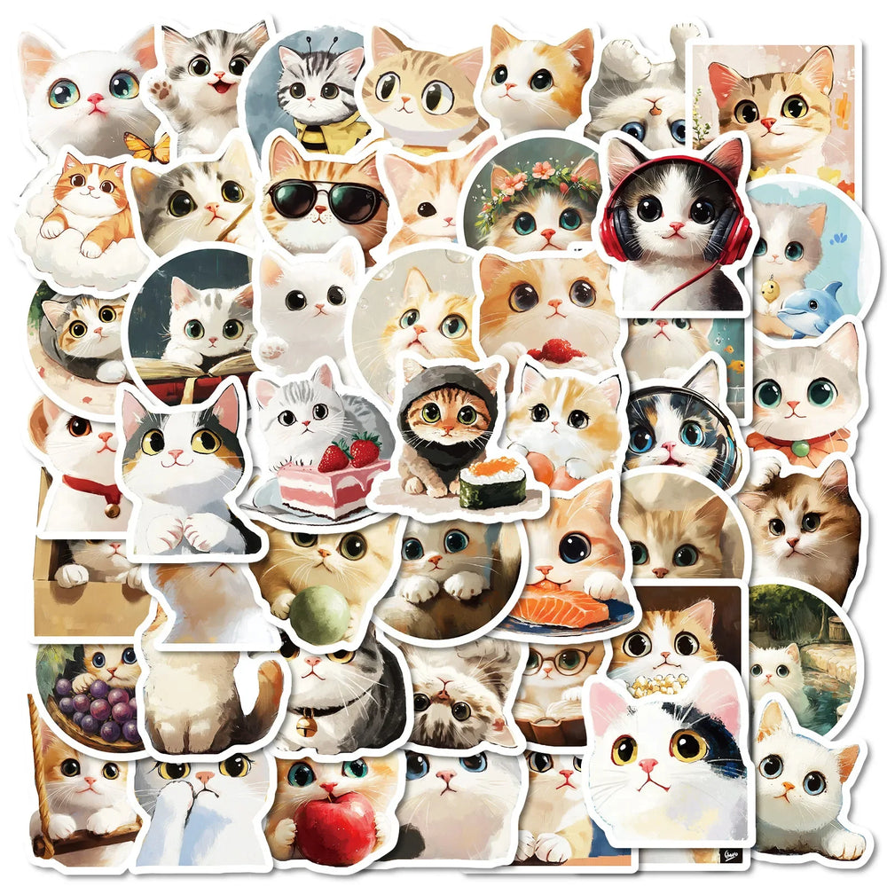 Kawaii Cat Stickers Set - Cute Cartoon Animal Decals for Scrapbook, Laptop, Car, Bike, Kids Toys (Online Order Only)