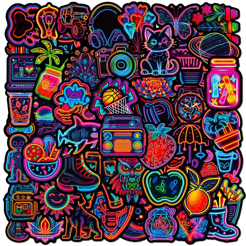 10/30/50/100pcs Neon Light Cartoon Graffiti Stickers Aesthetic DIY Skateboard Laptop Motorcycle Waterproof Cool Sticker for Kids (Online Order Only)