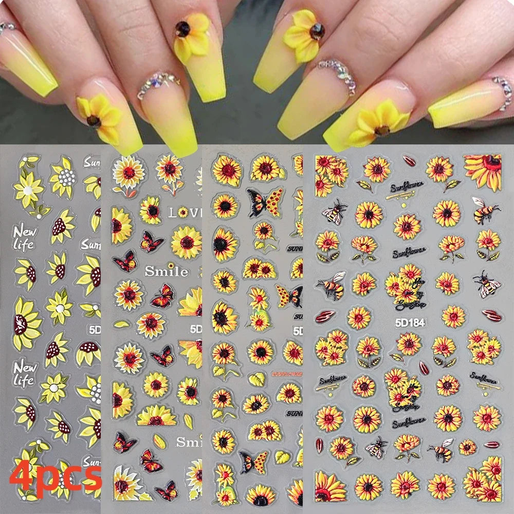 5/8Pcs 3D Hawaiian Flowers Nail Art Stickers Summer Decors with Tropical Leaves Slider Vibrant Pink & White Flowers for Parties* (ONLINE ORDER ONLY)