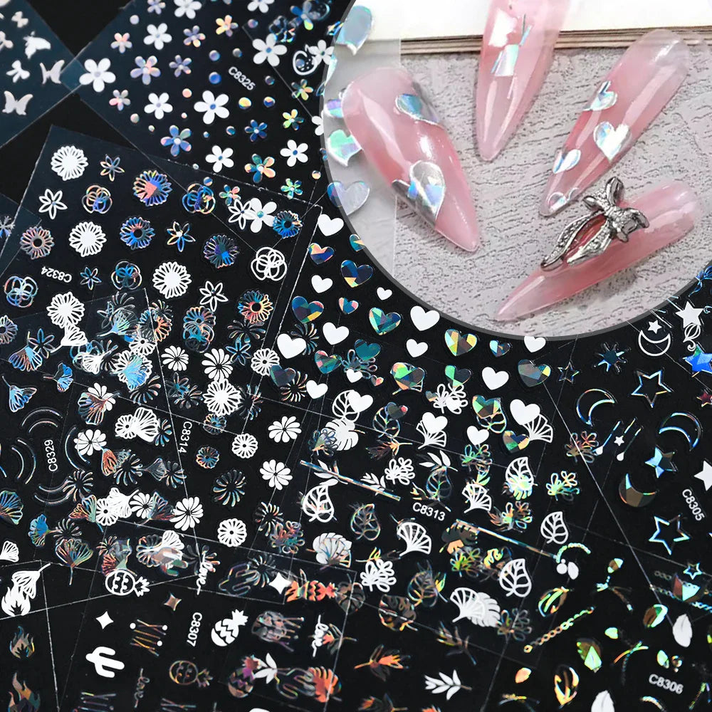 30Pcs Laser Silver/White Flowers Hearts Nail Sticker Star/Moon Mixed Shapes Design Self-adhesive Sticker Acrylic Manicure Access (Online Order Only)