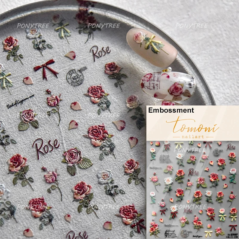 Watercolor Style Colourful Rose Flower Embossment Romantic Garden 5D Self Adhesive Nail Art Decoration Stickers Manicure Decals (ONLINE ORDER ONLY)