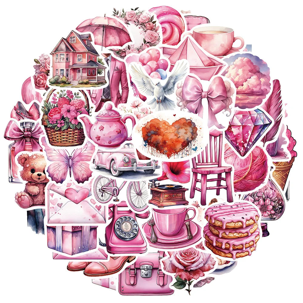 Cartoon Pink Wedding Stickers 10/30/50Pcs for Laptop Luggage Car Fridge DIY Vinyl (ONLINE ORDER ONLY)