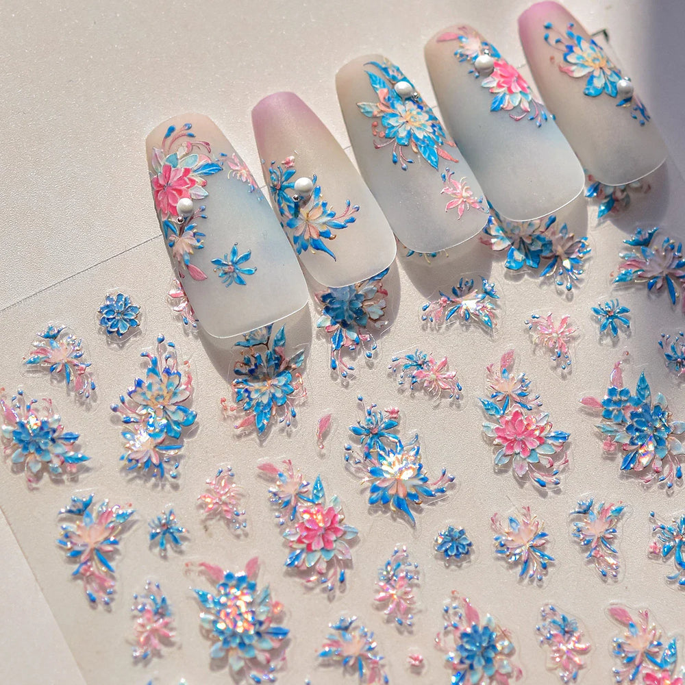 Delicate Shiny Pink Flower Blue Hairpin with Flower Decoration Self Adhesive Nail Art Stickers Pearl Rhinestone Manicure Decals (Online Order Only)