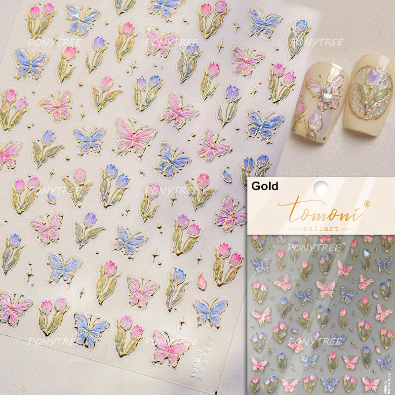 Delicate Dreamy Petal Star Tulip Flower Purple Bowknot Butterfly Illusion Chic Relief Adhesive Nail Art Stickers Manicure Decals (Online Order Only)