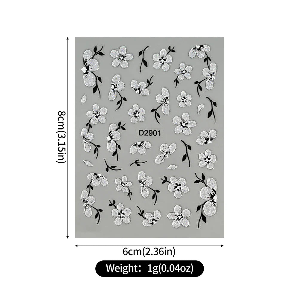 1pcs 5D Floral Nail Art Stickers Acrylic Flowers Decals with Glitter Self-Adhesive Elegant Silver Black Blossoms Theme Nail Art* (ONLINE ORDER ONLY)