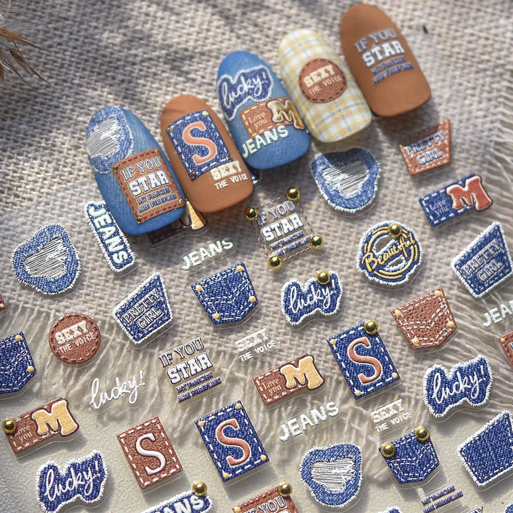 Round Jeans Square Sexy Blue Series Cowboy Lucky Beautiful Letter Self Adhesive Nail Art Sticker Pearl Rhinestone Manicure Decal (ONLINE ORDER ONLY)