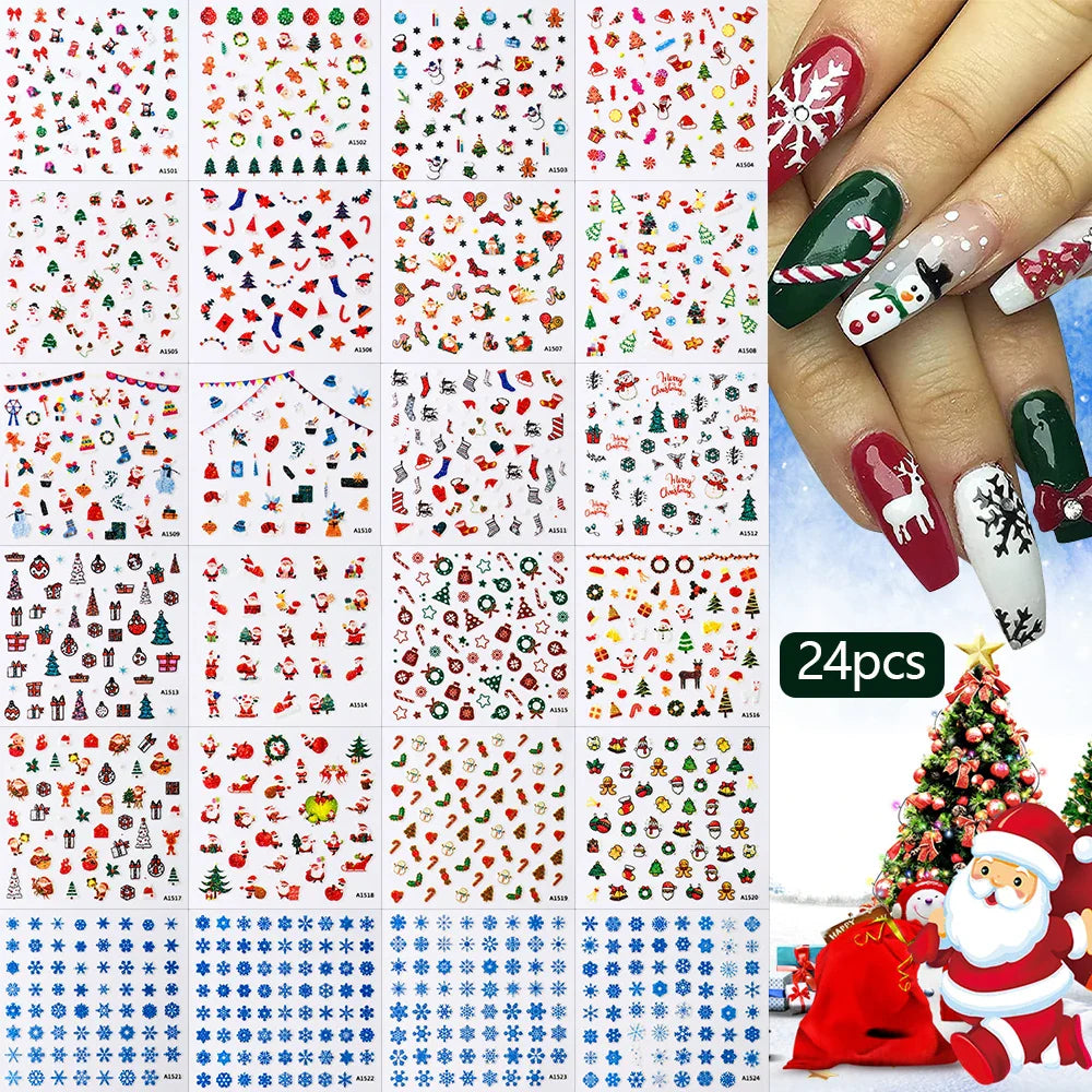 30Sheet 3D Glitter Christmas Nail Art Stickers Santa Claus Snowflake Elk Christmas Tree Design Nail Decals Cartoon Nail Supplies (Online Order Only)