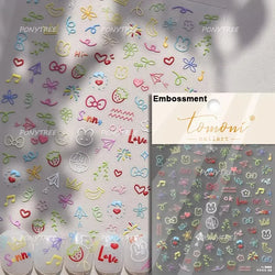 Cute Graffiti Cartoon Line Cherry Bear Cat Flower Bouquet Fish Boys Girls Strawberry Reliefs Nail Art Stickers Manicure Decals (ONLINE ORDER ONLY)