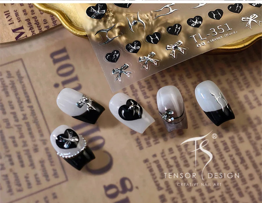 Black Silver Bowknot Love Heart Lace Irregular Line Lava Chic Self Adhesive Nail Art Stickers Embossed Reliefs Manicure Decals (Online Order Only)